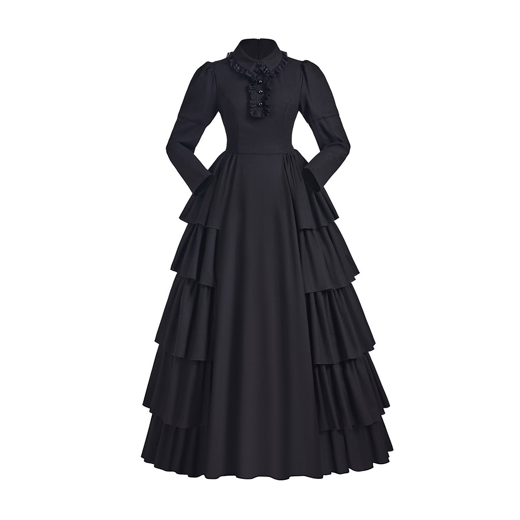 Medieval Style Black Tiered Ruffled Gown with High Collar and Neck Tie for Historical Reenactments Medieval Themed Gatherings Halloween Christmas