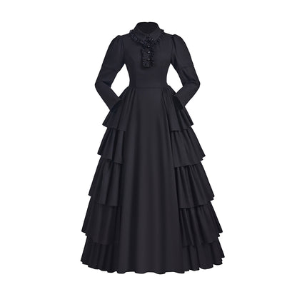 Medieval Style Black Tiered Ruffled Gown with High Collar and Neck Tie for Historical Reenactments Medieval Themed Gatherings Halloween Christmas