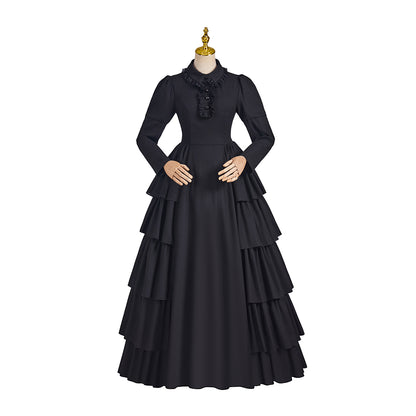 Medieval Style Black Tiered Ruffled Gown with High Collar and Neck Tie for Historical Reenactments Medieval Themed Gatherings Halloween Christmas