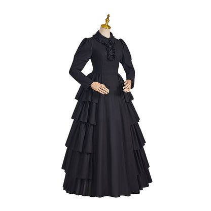 Medieval Style Black Tiered Ruffled Gown with High Collar and Neck Tie for Historical Reenactments Medieval Themed Gatherings Halloween Christmas