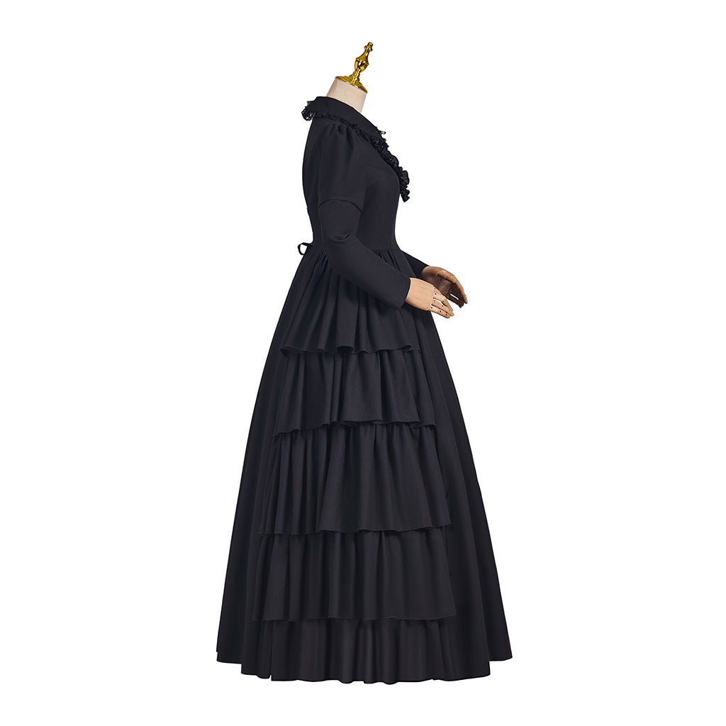 Medieval Style Black Tiered Ruffled Gown with High Collar and Neck Tie for Historical Reenactments Medieval Themed Gatherings Halloween Christmas