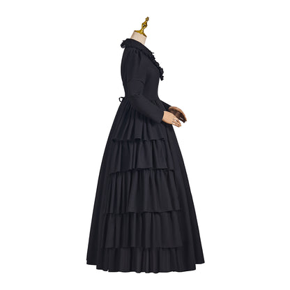 Medieval Style Black Tiered Ruffled Gown with High Collar and Neck Tie for Historical Reenactments Medieval Themed Gatherings Halloween Christmas