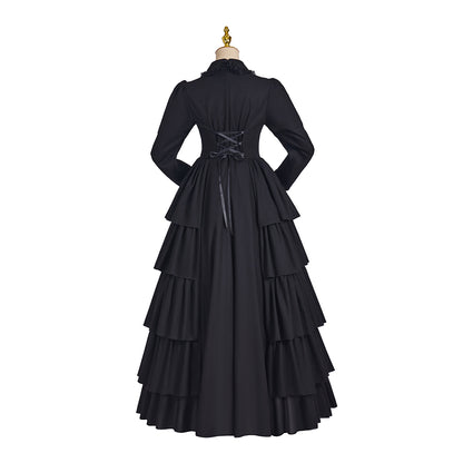 Medieval Style Black Tiered Ruffled Gown with High Collar and Neck Tie for Historical Reenactments Medieval Themed Gatherings Halloween Christmas