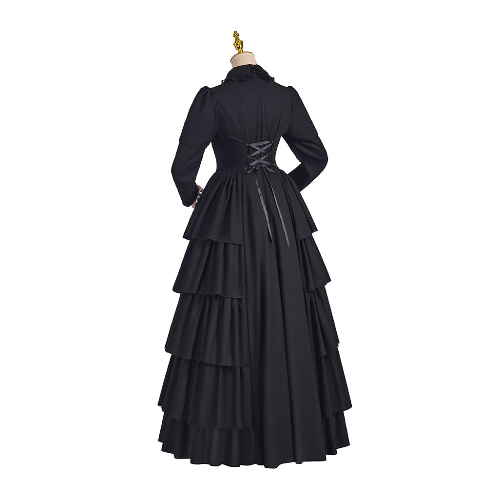 Medieval Style Black Tiered Ruffled Gown with High Collar and Neck Tie for Historical Reenactments Medieval Themed Gatherings Halloween Christmas