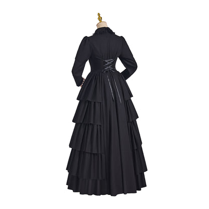 Medieval Style Black Tiered Ruffled Gown with High Collar and Neck Tie for Historical Reenactments Medieval Themed Gatherings Halloween Christmas