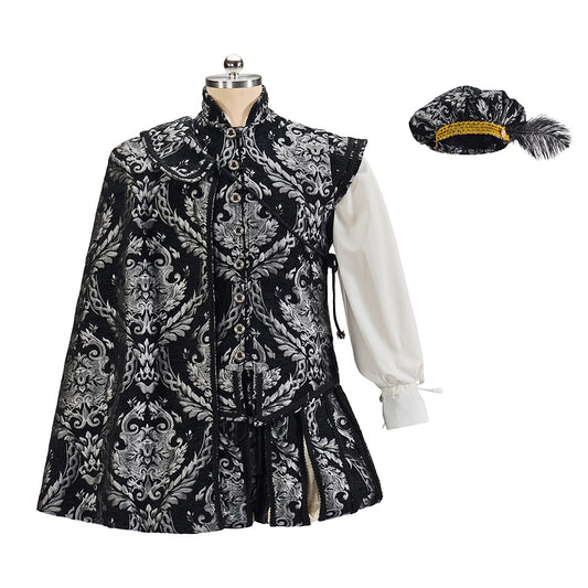 Victorian Style Embroidered Men's Waistcoat with Ruffled Shirt and Tricorn Hat Accents for Historical Reenactments Cosplay Events Halloween Christmas