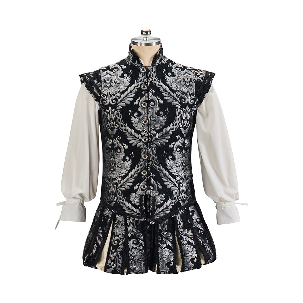 Victorian Style Embroidered Men's Waistcoat with Ruffled Shirt and Tricorn Hat Accents for Historical Reenactments Cosplay Events Halloween Christmas