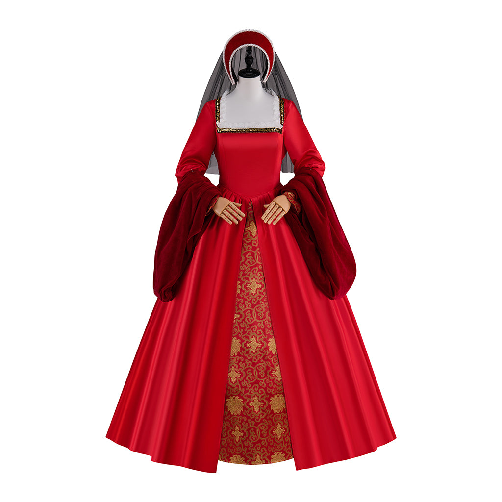 Medieval Red Velvet Square Neck Long Sleeve Gold Embroidered Ball Gown for Historical Reenactments Halloween and Christmas