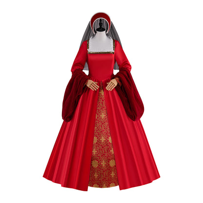Medieval Red Velvet Square Neck Long Sleeve Gold Embroidered Ball Gown for Historical Reenactments Halloween and Christmas
