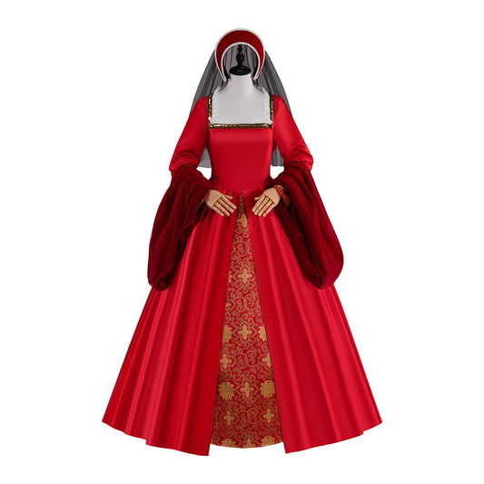Medieval Red Velvet Square Neck Long Sleeve Gold Embroidered Ball Gown for Historical Reenactments Halloween and Christmas