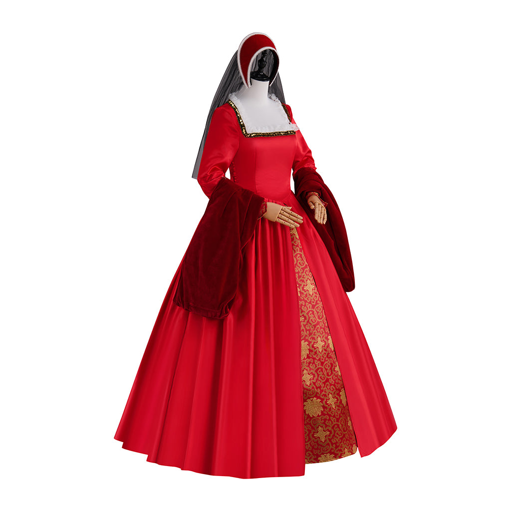 Medieval Red Velvet Square Neck Long Sleeve Gold Embroidered Ball Gown for Historical Reenactments Halloween and Christmas