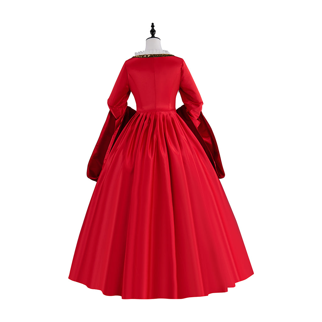 Medieval Red Velvet Square Neck Long Sleeve Gold Embroidered Ball Gown for Historical Reenactments Halloween and Christmas