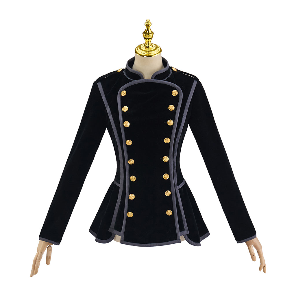 Medieval Style Black High Collared Jacket with Gold Buttons and Tailored Waist for Historical Reenactments Halloween Christmas