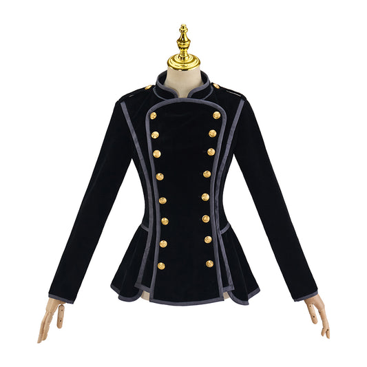 Medieval Style Black High Collared Jacket with Gold Buttons and Tailored Waist for Historical Reenactments Halloween Christmas