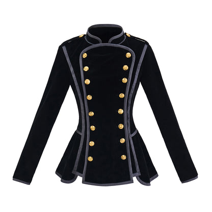 Medieval Style Black High Collared Jacket with Gold Buttons and Tailored Waist for Historical Reenactments Halloween Christmas