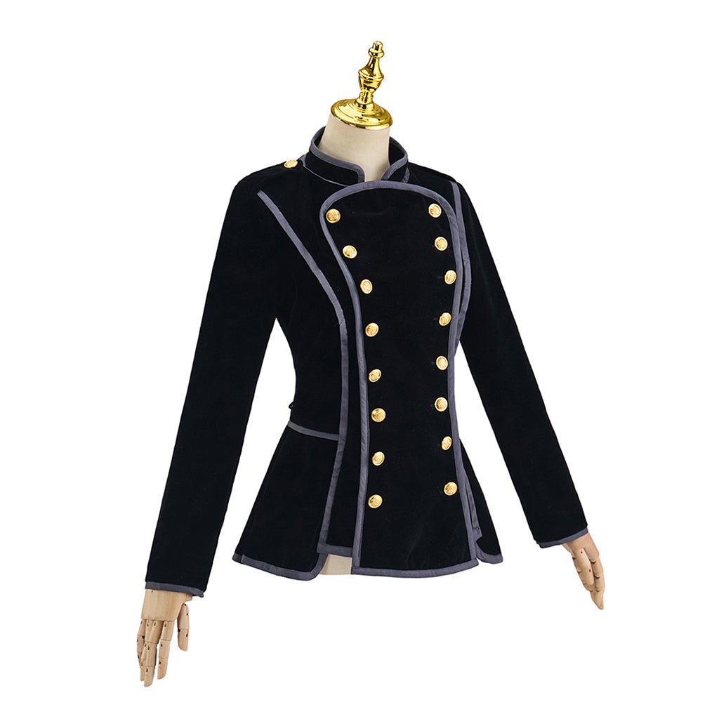 Medieval Style Black High Collared Jacket with Gold Buttons and Tailored Waist for Historical Reenactments Halloween Christmas