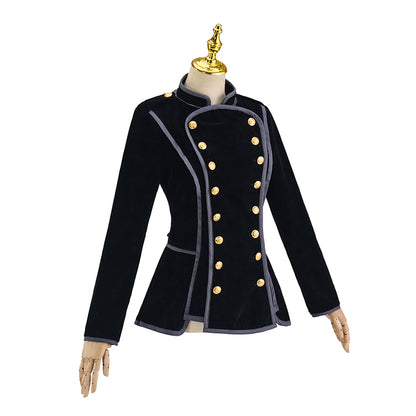 Medieval Style Black High Collared Jacket with Gold Buttons and Tailored Waist for Historical Reenactments Halloween Christmas