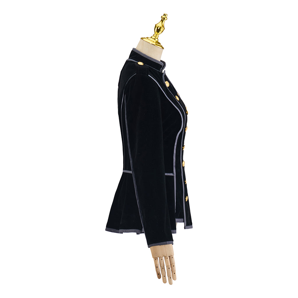 Medieval Style Black High Collared Jacket with Gold Buttons and Tailored Waist for Historical Reenactments Halloween Christmas