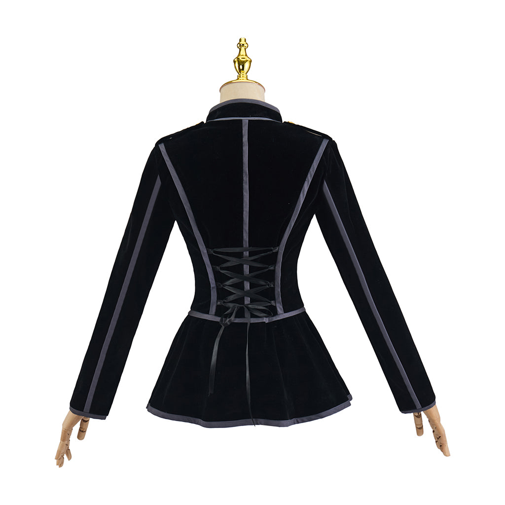 Medieval Style Black High Collared Jacket with Gold Buttons and Tailored Waist for Historical Reenactments Halloween Christmas