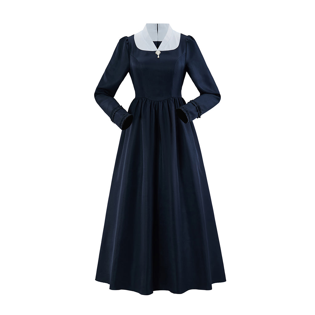 Medieval Style Navy Blue Long sleeved Dress with White Collar for Historical Reenactments Medieval Themed Gatherings Halloween Christmas