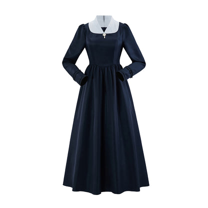 Medieval Style Navy Blue Long sleeved Dress with White Collar for Historical Reenactments Medieval Themed Gatherings Halloween Christmas