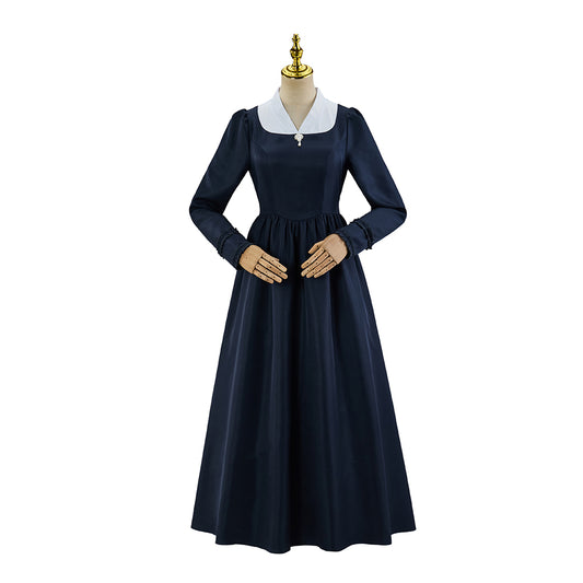 Medieval Style Navy Blue Long sleeved Dress with White Collar for Historical Reenactments Medieval Themed Gatherings Halloween Christmas