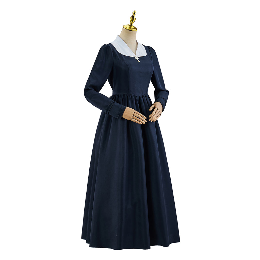 Medieval Style Navy Blue Long sleeved Dress with White Collar for Historical Reenactments Medieval Themed Gatherings Halloween Christmas