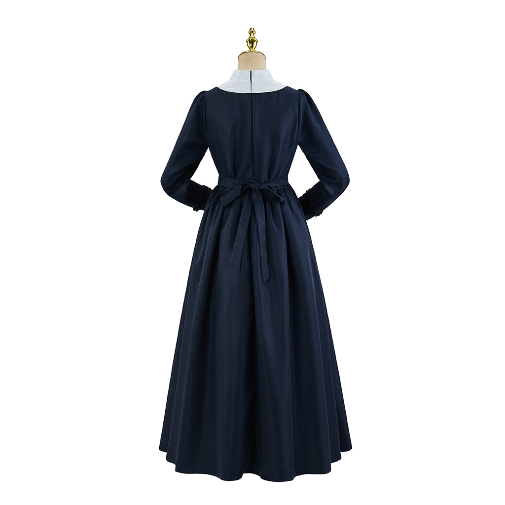 Medieval Style Navy Blue Long sleeved Dress with White Collar for Historical Reenactments Medieval Themed Gatherings Halloween Christmas
