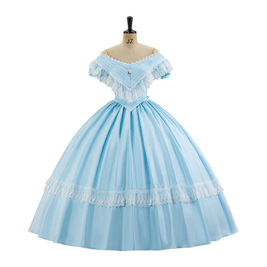 Victorian Style Light Blue Off Shoulder Ball Gown with Lace Trimfor Historical Reenactments Cosplay Events Medieval Themed Gatherings Halloween Christmas
