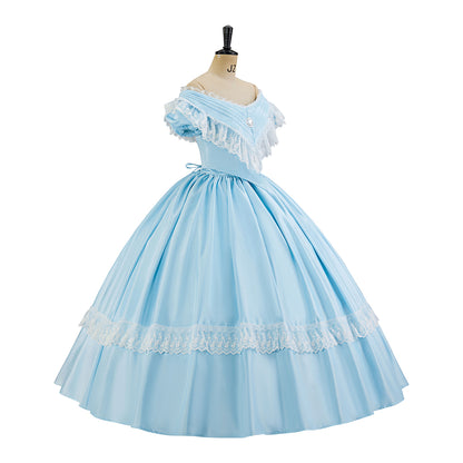 Victorian Style Light Blue Off Shoulder Ball Gown with Lace Trimfor Historical Reenactments Cosplay Events Medieval Themed Gatherings Halloween Christmas