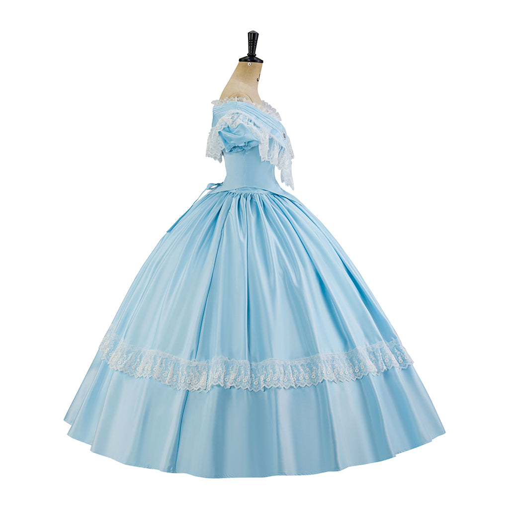 Victorian Style Light Blue Off Shoulder Ball Gown with Lace Trimfor Historical Reenactments Cosplay Events Medieval Themed Gatherings Halloween Christmas