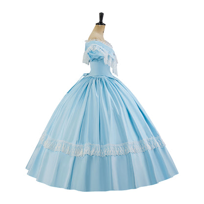 Victorian Style Light Blue Off Shoulder Ball Gown with Lace Trimfor Historical Reenactments Cosplay Events Medieval Themed Gatherings Halloween Christmas