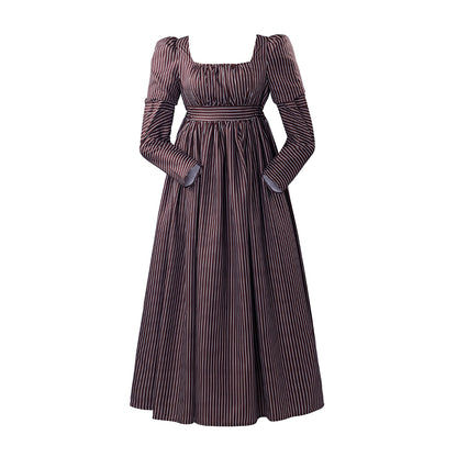 Medieval Regal Brown Gown with Square Neckline Fitted Waist and Long Sleeves for Historical Halloween Christmas