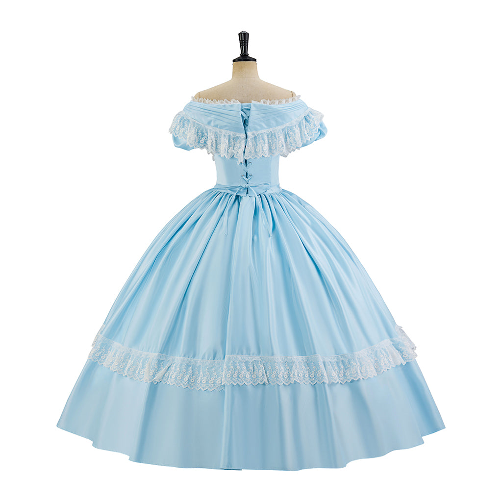 Victorian Style Light Blue Off Shoulder Ball Gown with Lace Trimfor Historical Reenactments Cosplay Events Medieval Themed Gatherings Halloween Christmas