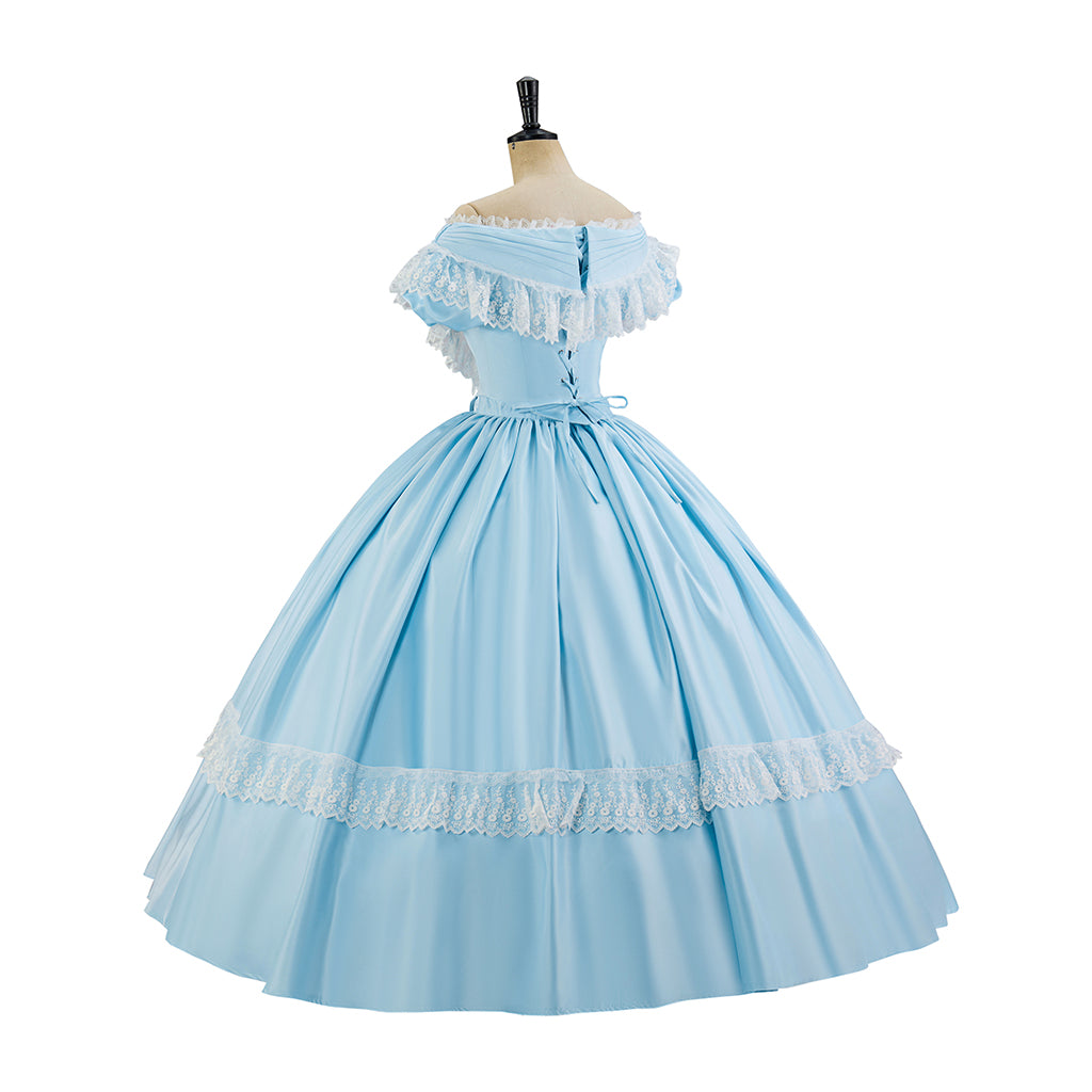 Victorian Style Light Blue Off Shoulder Ball Gown with Lace Trimfor Historical Reenactments Cosplay Events Medieval Themed Gatherings Halloween Christmas