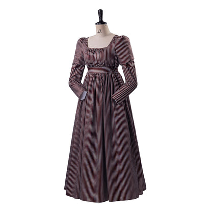 Medieval Regal Brown Gown with Square Neckline Fitted Waist and Long Sleeves for Historical Halloween Christmas