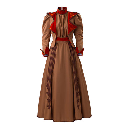 Medieval Style Brown Gown with Red Trimmed Collar Cuffs for Historical Reenactments Cosplay Events Halloween Christmas