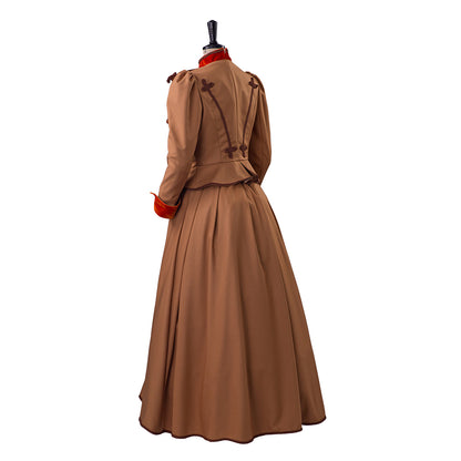 Medieval Style Brown Gown with Red Trimmed Collar Cuffs for Historical Reenactments Cosplay Events Halloween Christmas