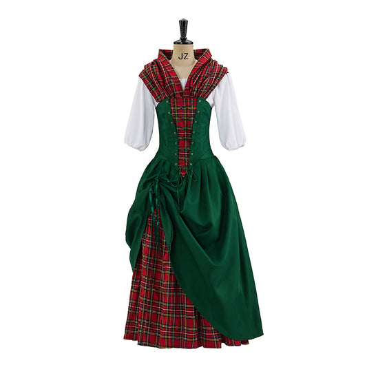Renaissance Style Green Dress with Red Tartan Accents and White Blouse Underlayer for  Medieval Themed Gatherings Halloween Christmas