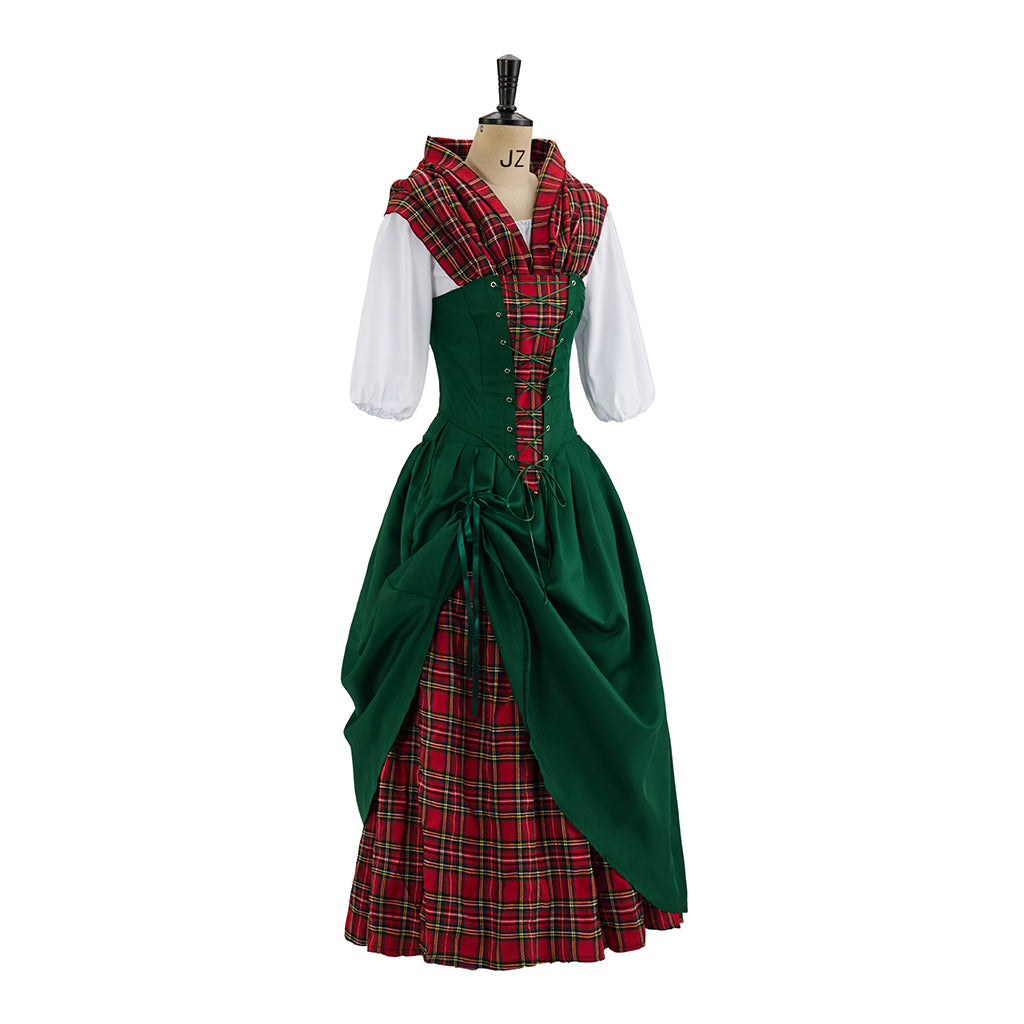 Renaissance Style Green Dress with Red Tartan Accents and White Blouse Underlayer for  Medieval Themed Gatherings Halloween Christmas