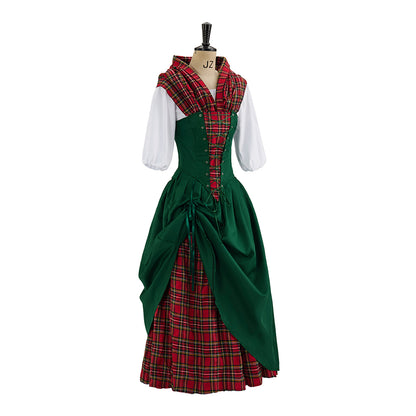 Renaissance Style Green Dress with Red Tartan Accents and White Blouse Underlayer for  Medieval Themed Gatherings Halloween Christmas