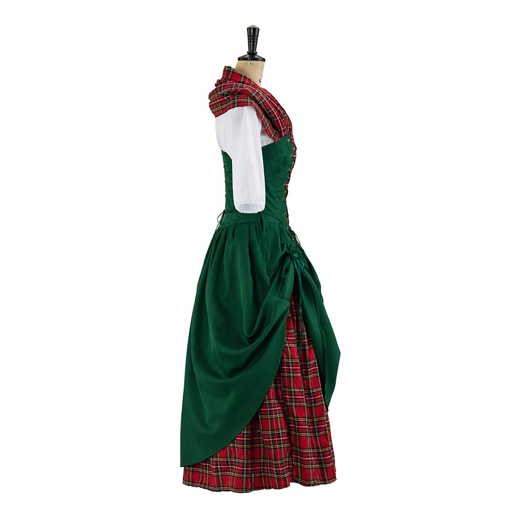 Renaissance Style Green Dress with Red Tartan Accents and White Blouse Underlayer for  Medieval Themed Gatherings Halloween Christmas