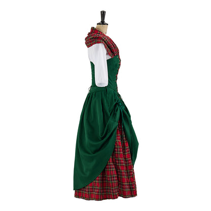 Renaissance Style Green Dress with Red Tartan Accents and White Blouse Underlayer for  Medieval Themed Gatherings Halloween Christmas