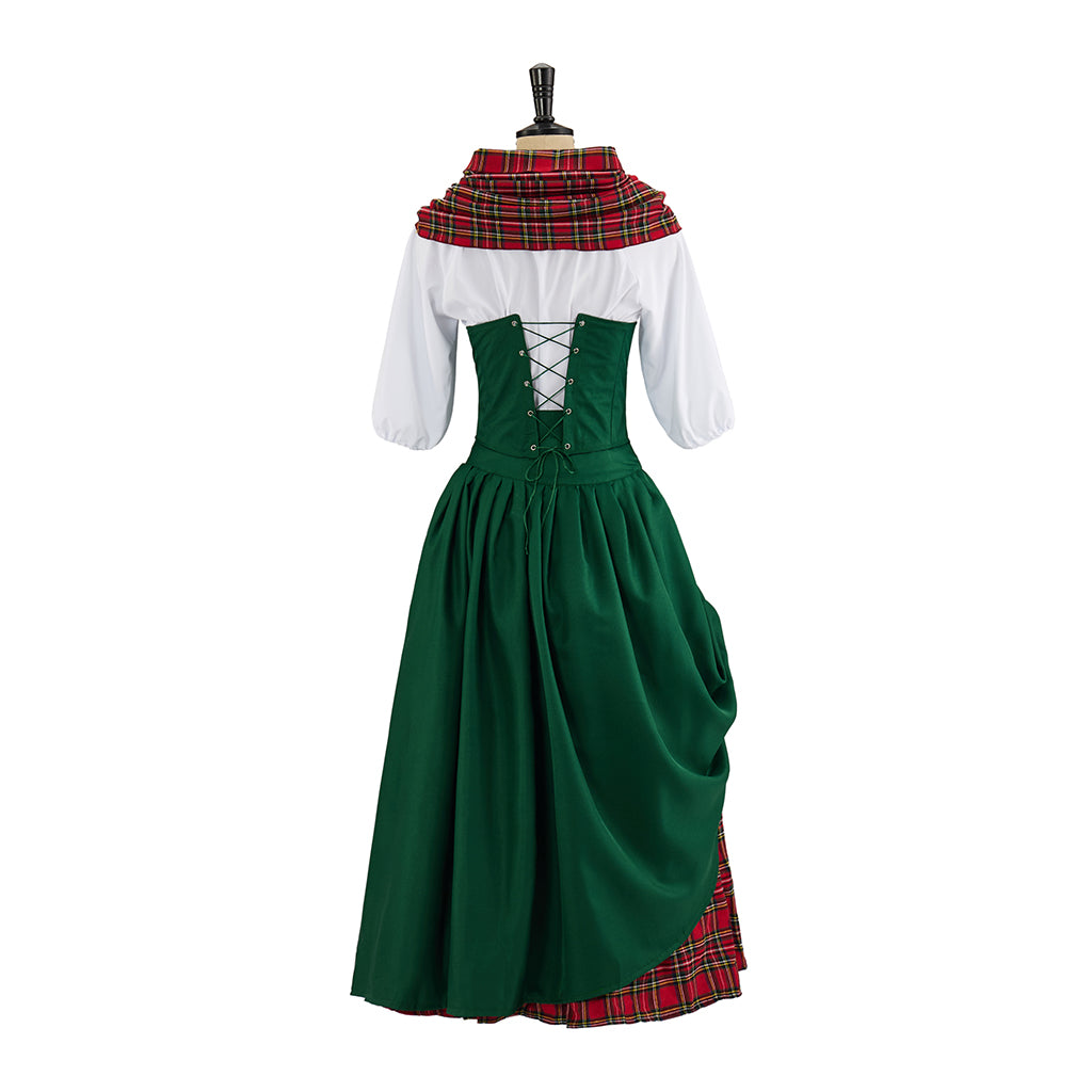Renaissance Style Green Dress with Red Tartan Accents and White Blouse Underlayer for  Medieval Themed Gatherings Halloween Christmas