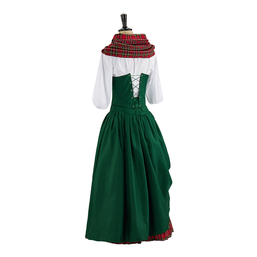 Renaissance Style Green Dress with Red Tartan Accents and White Blouse Underlayer for  Medieval Themed Gatherings Halloween Christmas
