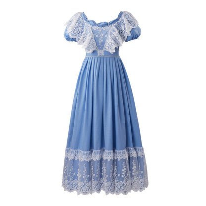 Medieval Style Light Blue Gown with Lace Trimmed Square Neck Short Sleeves and Hem for Historical Reenactments Cosplay Events Halloween Christmas