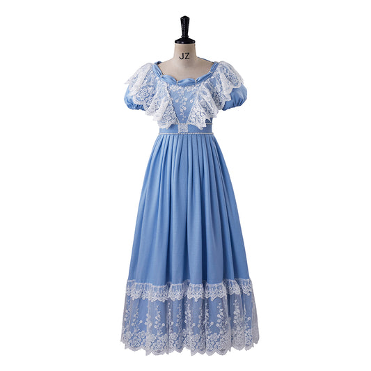 Medieval Style Light Blue Gown with Lace Trimmed Square Neck Short Sleeves and Hem for Historical Reenactments Cosplay Events Halloween Christmas