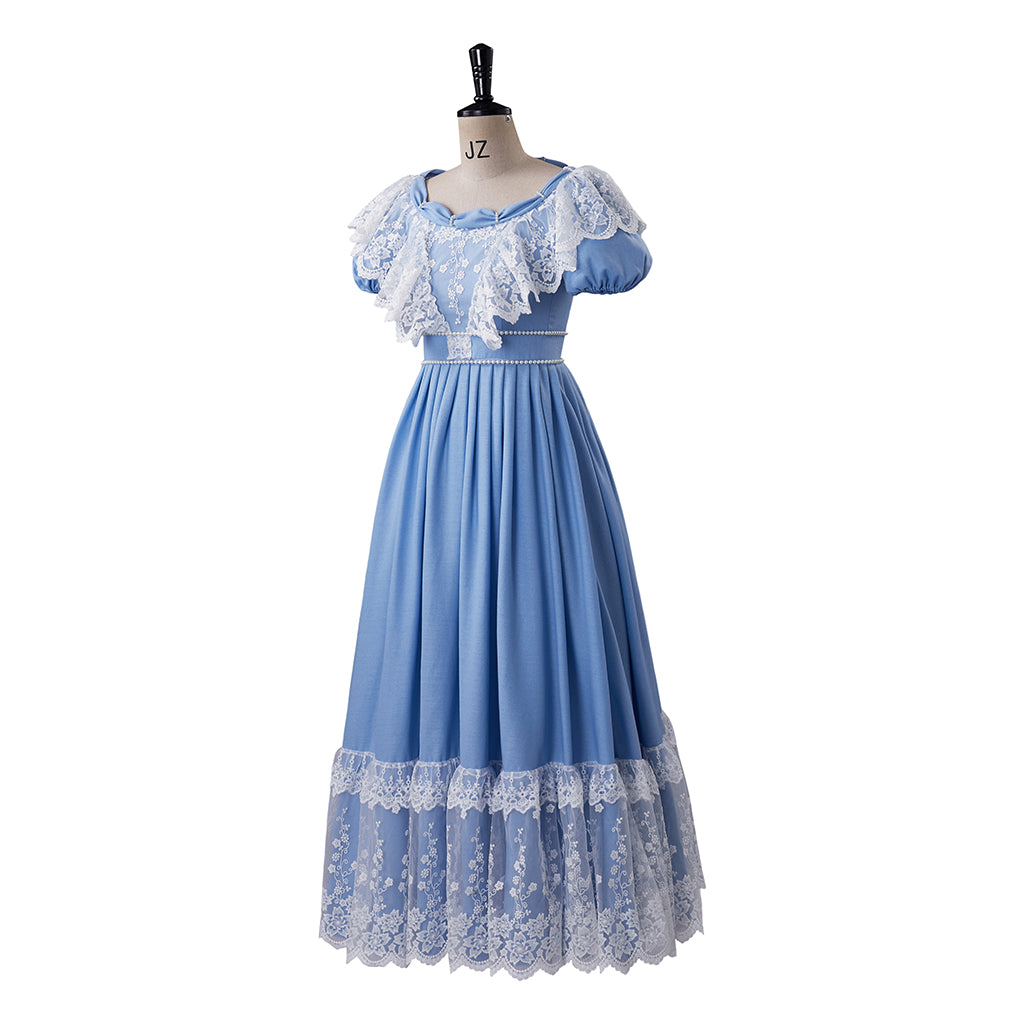 Medieval Style Light Blue Gown with Lace Trimmed Square Neck Short Sleeves and Hem for Historical Reenactments Cosplay Events Halloween Christmas