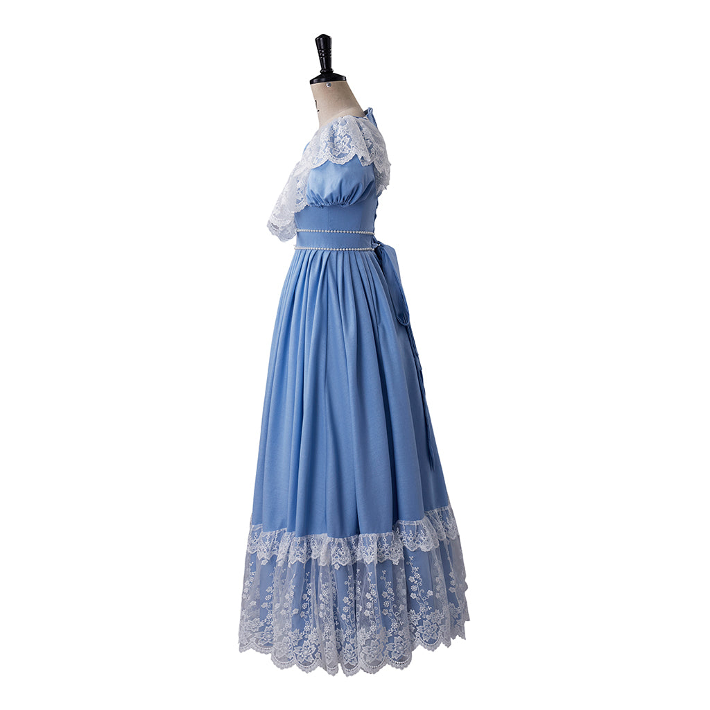 Medieval Style Light Blue Gown with Lace Trimmed Square Neck Short Sleeves and Hem for Historical Reenactments Cosplay Events Halloween Christmas