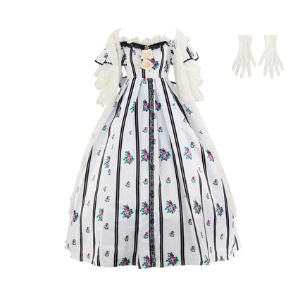 Rococo Style Printed Ball Gown with Matching Gloves for Historical Reenactments Cosplay Events Rococo Themed Gatherings Halloween Christmas
